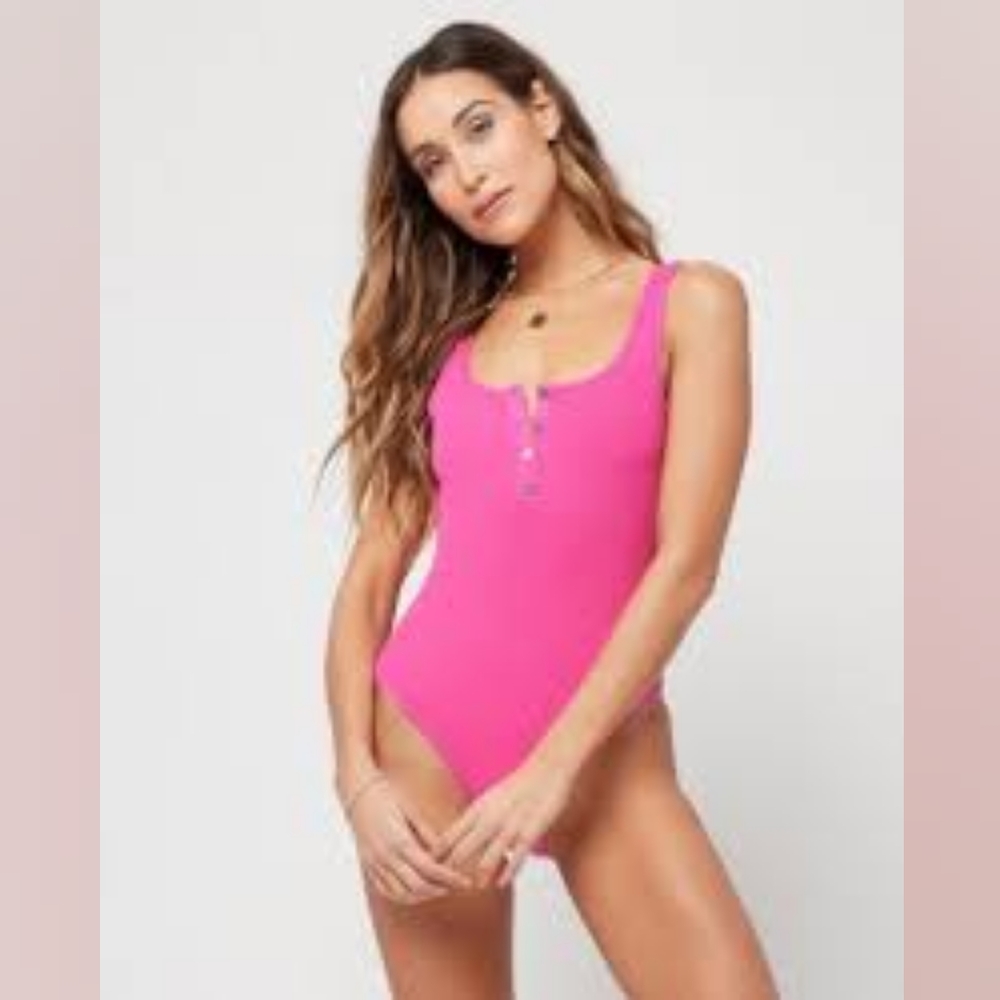 L*Space pink ribbed Henley one piece swimsuit